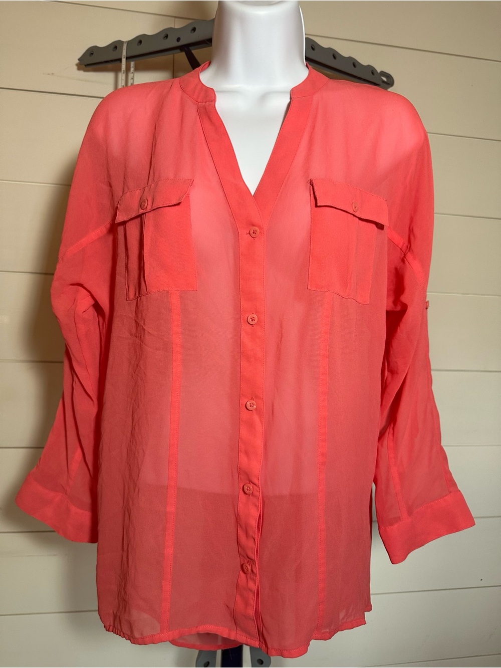 #180 Sheer Coral Button-Front Blouse - Women